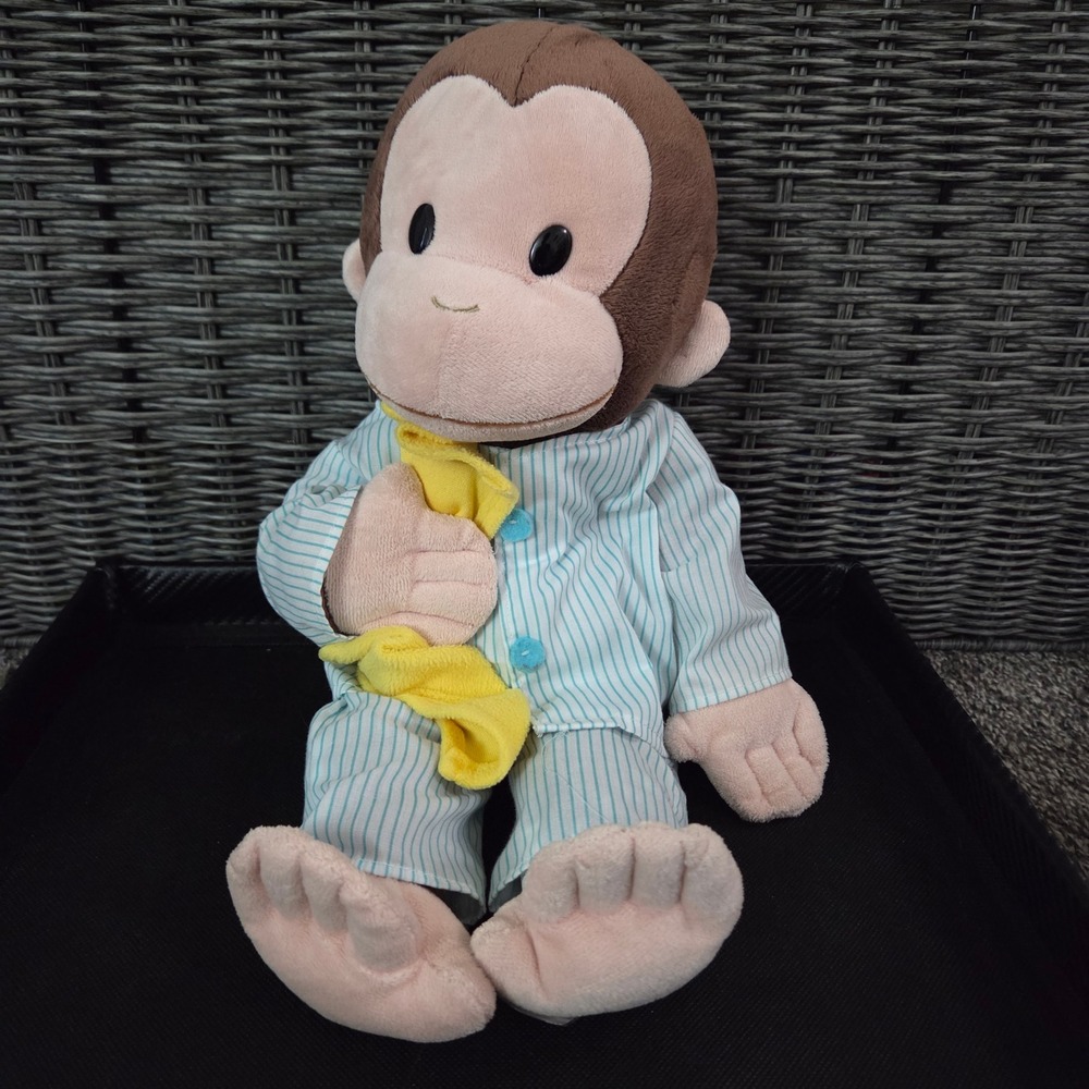 Curious George Plush Stuffed Animal in Striped Pajamas Yellow Blanket